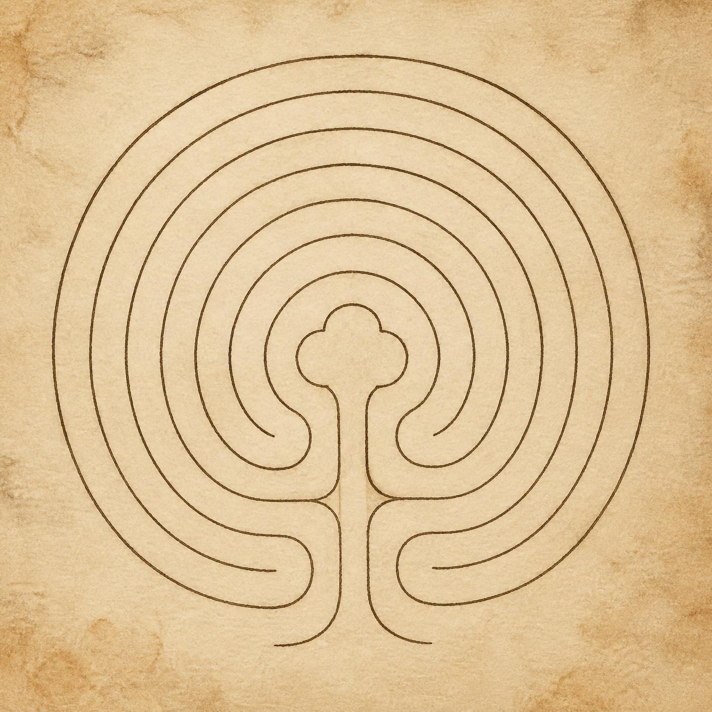 A classical seven-circuit labyrinth drawn in a single line on aged paper